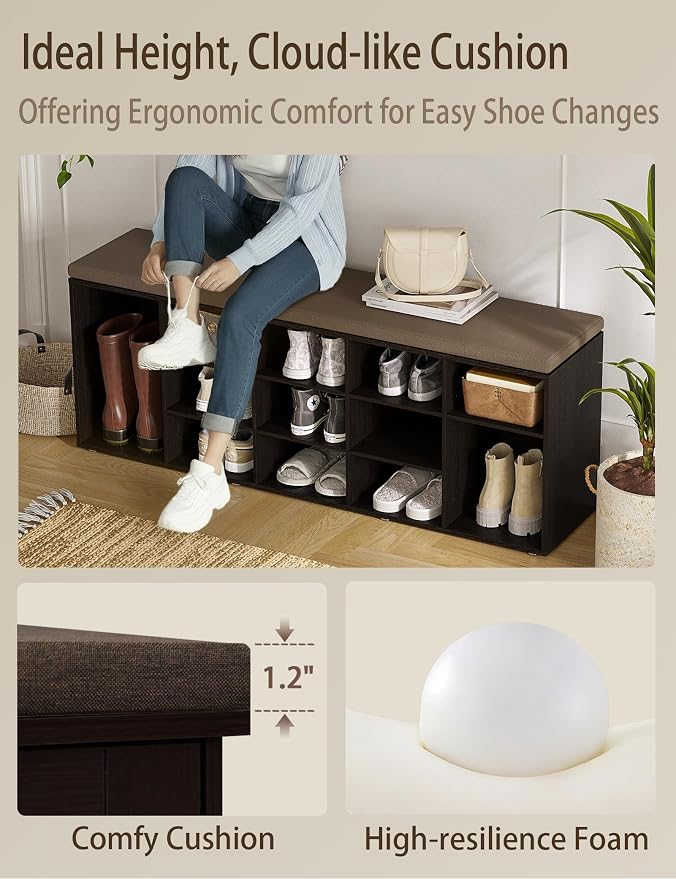 DINZI LVJ Shoe Storage Bench with Cushion, 15-Cubby Shoe Rack, Adjustable Shelves, Long Shoe Organizer Bench for Entryway, Mudroom, Hallway, Living Room, Bedroom and Garage, Espresso