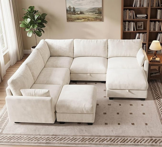 Modular Sectional V Shaped Sofa Couches for Living Room, Cloud Couch with Storage Ottoman, Comfy Chenille Sofa with Pillow, Beige