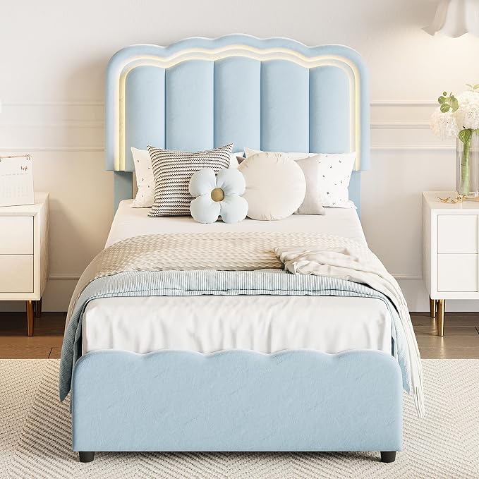 Garvee Twin Size Bed Frame with 2 Storage Drawers and LED Lights, Upholstered Platform Twin Bed with Adjustable Headboard, Wooden Slats Support, No Box Spring Needed, Easy Assembly, Blue