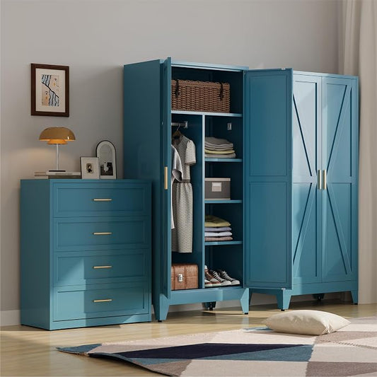 Metal armoire Wardrobe Closet with Hanging Rod,71'' Metal Wardrobe Cabinet with 2 Doors and 4 Adjustable Shelves, Bedroom armoires,Laundry Room cabinets,armario de ropa Closet