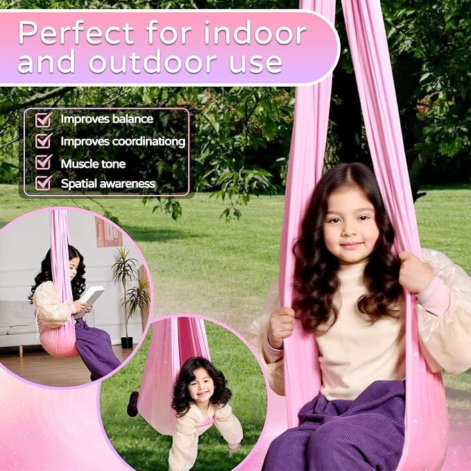 Sensory Swing for Kids and Adults Indoor & Outdoor Double Layer Therapy Cuddle Holds up to 300lbs Adjustable Hammock Chair with 360° Swivel Hanger Kit Effect for Aspergers Autism ADHD(Fantasy Pink)