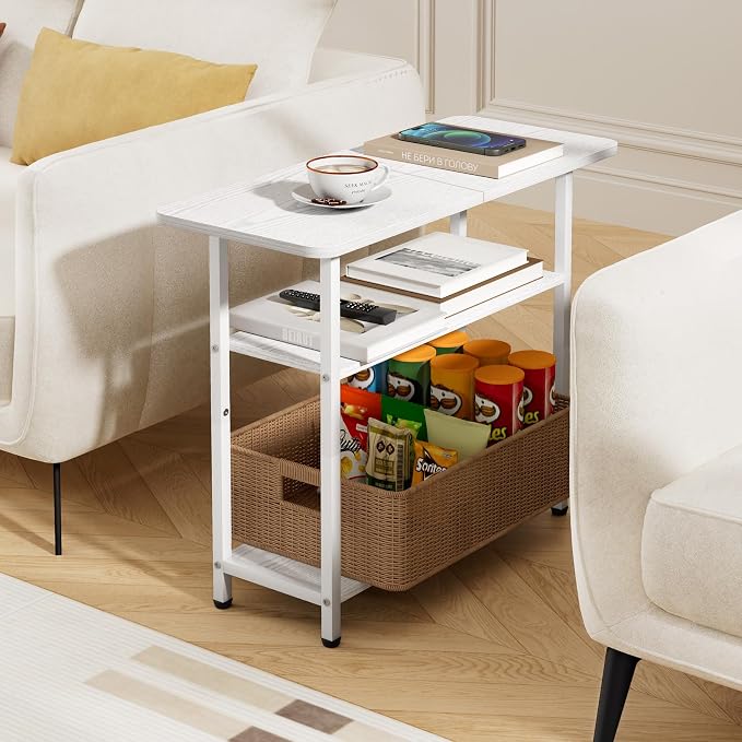 SLEEPING LAMB Side Table for Living Room, 3-Tier End Table for Small Space with Wide Storage Tabletop, Elegant White Narrow Nightstand for Bedroom, Sofa Couch