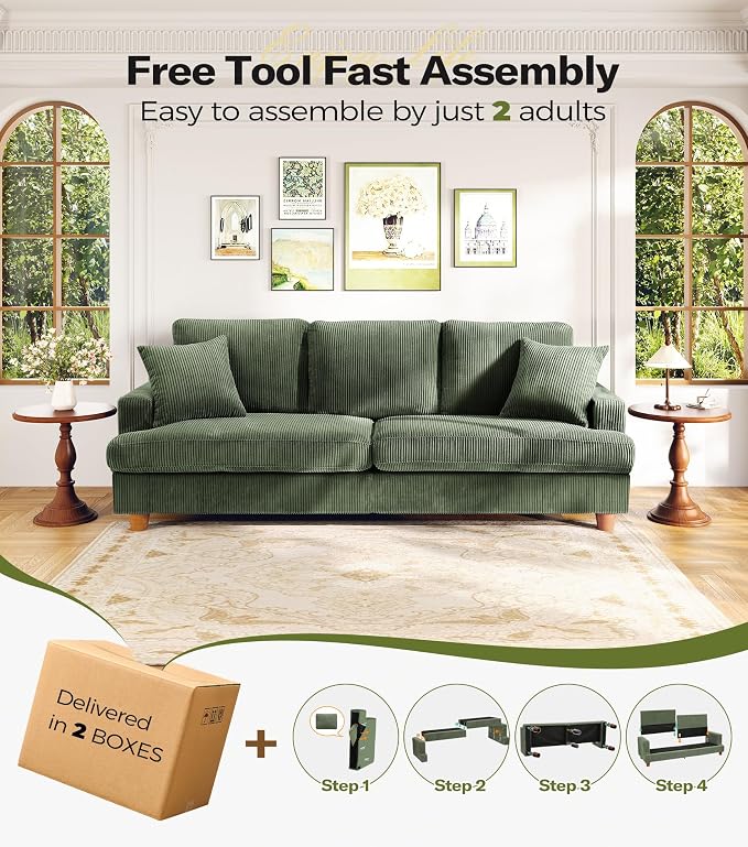 Kidirect 87in U Shaped Couch, Modular Sofa No Tool Assembly, Comfy Sectional Couches for Living Room 21in Deeper Seats, Corduroy Sofas for Living Room with 2 Pillows, Loveseat Sofa Set, Green Couch