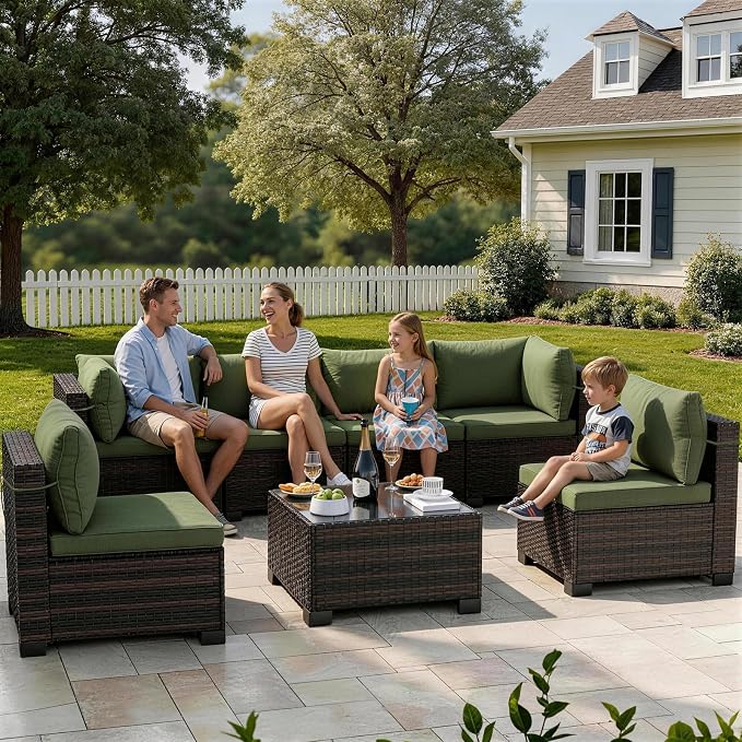 LAFWELL 7 Pieces Outdoor Patio Furniture Sets,Rattan Conversation Sectional Set,Manual Weaving Wicker Patio Sofa with Tea Table