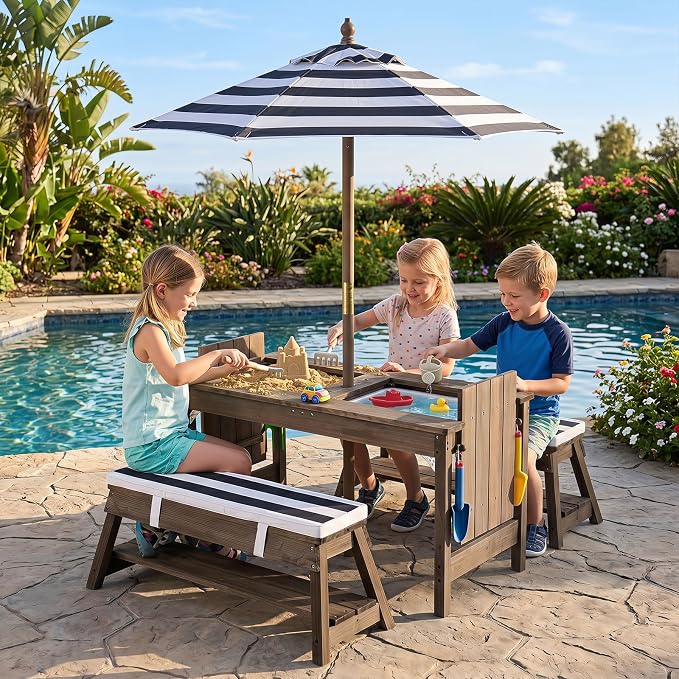 Costzon 4-in-1 Kids Picnic Table with Umbrella, Sand & Water Sensory Bins | Wooden Toddler Outdoor Table with Benches, Cushions, Cover, Gardening Tools, Kids Outdoor Furniture for Patio Backyard