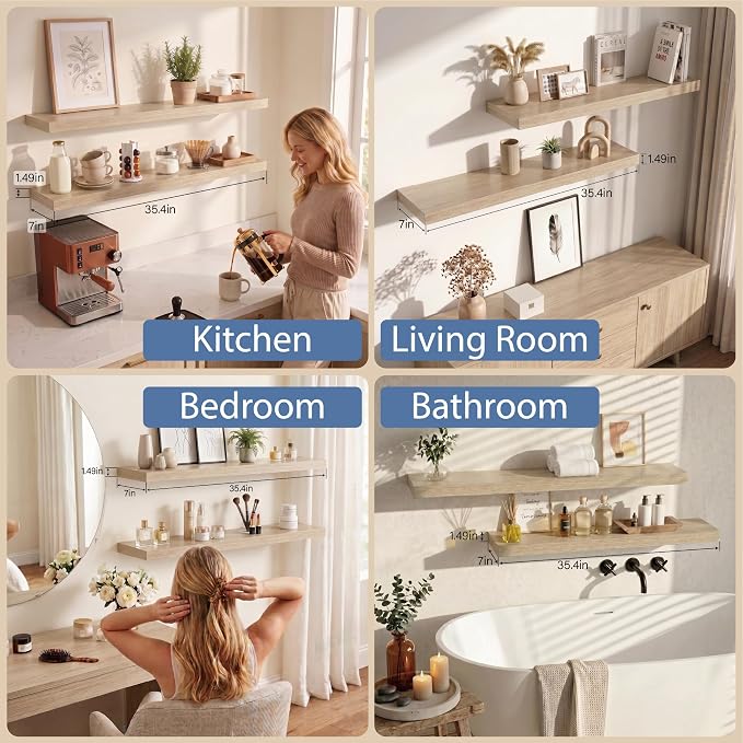 Floating Shelves for Wall, Bathroom Shelves Over Toilet, Wall Shelves & Book Shelf for Room, Hanging Shelf, Modern Wooden Mounted Floating Shelves, 36x7x1.5 in (Oak, Set of 2)