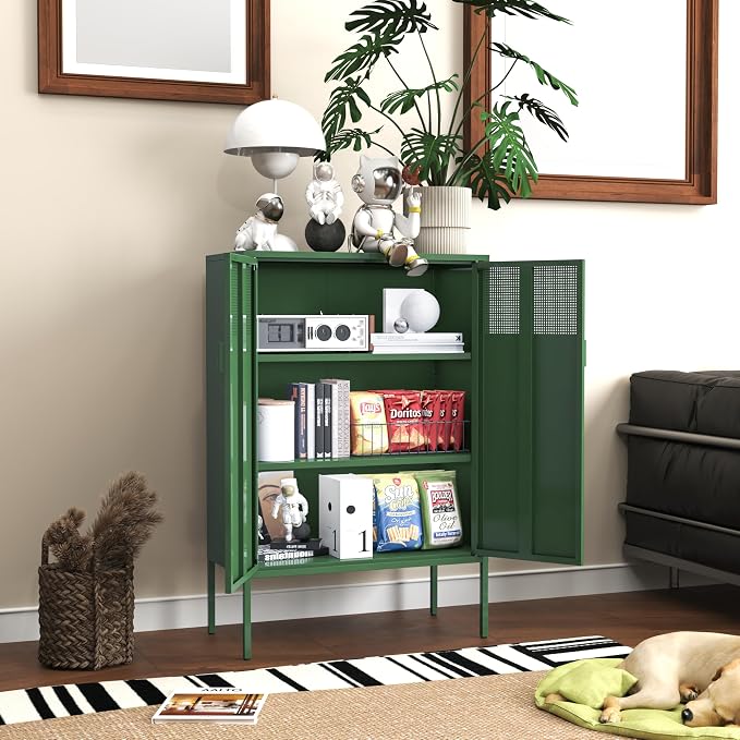 Metal Storage Locker Cabinet with 2 Doors & Adjustable Shelves, 47" Green Accent Furniture, Multipurpose Office Dresser or TV Stand for Home Entryway