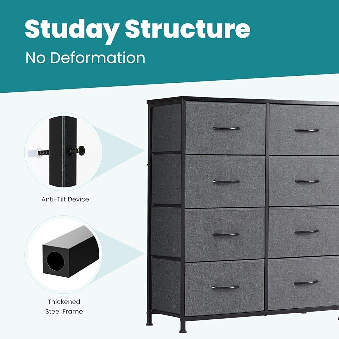 DUMOS 8 Drawer Dresser for Bedroom, Fabric Storage Organizer | Wooden Top Chest of Drawers with Sturdy Metal Frame for Closet, Entryway, Grey
