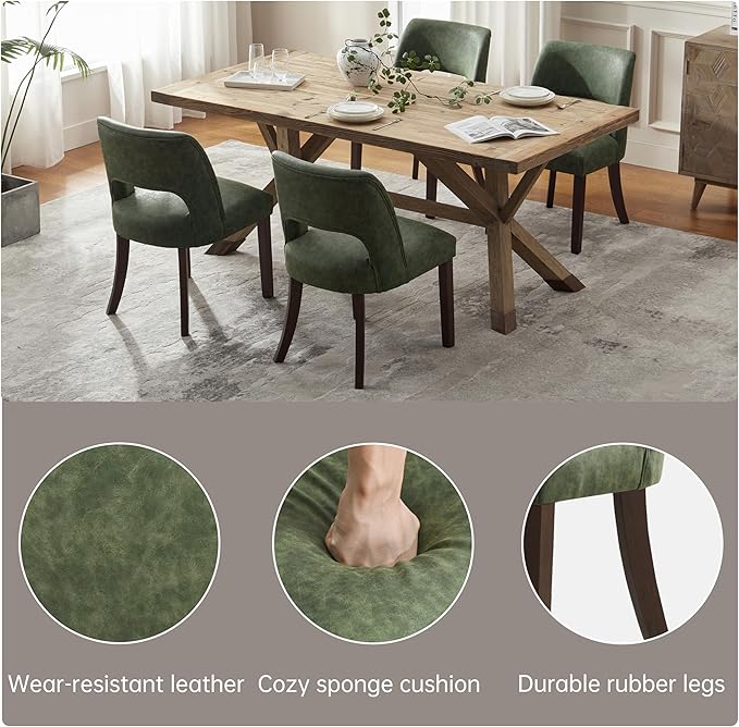 VKNOW Modern Dining Chairs Set of 2 with Rubberwood Legs, Green | Faux Leather, Curved Back, For family, Kitchen Dining Room Restaurant Reception Room, No wobble, 80% pre-installed