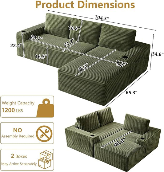 104" Cloud Sectional Couch L-Shaped with Side Pockets Cup Holders, Corduroy Boneless Couch for Living Room,Upholstered Deep-Seat Modular Sectional Sofa, No Assembly Required(Green,Right Facing Chaise)
