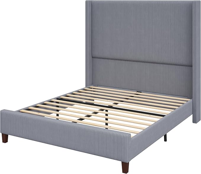 AMERLIFE Queen Size 62" Corduroy Upholstered Bed Frame, Luxurious Platform Bed with Extra Tall Wingback Headboard and Vertical Stripe, No Box Spring Needed/Solid Wood Slats & Legs/Gray