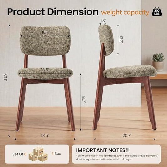 COLAMY Dining Chairs Set of 6, Modern Upholstered Kitchen Room Chairs with Solid Red Oak Wood Legs, 5-Min Easy Assembly Anti-Wobble, High-Weight Fabric Farmhouse Side Chair, 300lbs,Walnut,Brown
