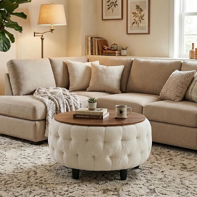 Large Round Storage Ottoman Coffee Table with Wooden Tabletop, 32 Inches Teddy Fleece Tufted Ottoman for Living Room, Bedroom, Apartments (White)