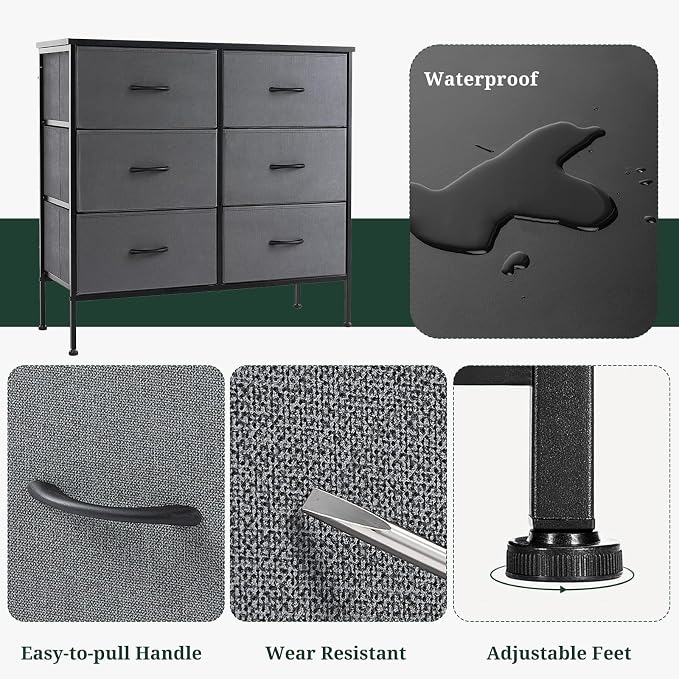 6-Drawer Dresser for Bedroom, Anti-Tip Wide Storage Organizer Chest of Drawers with Wooden Top and Metal Frame Fabric Bins for Closet, Living Room, Hallway, Entryway, Gray