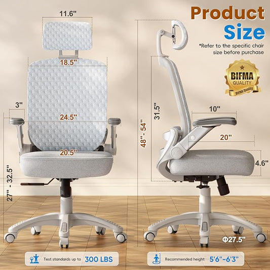 GABRYLLY Ergonomic Office Chair, High Back Home Desk Chair with Flip-Up Arms, 3D Headrest, Thick Sponge Seat &90-120° Recline, Big and Tall Mesh Executive Chairs for Man Woman, Glacier Flow
