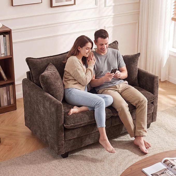 50'' Loveseat Sofa Cloud Sofa Couch, Modern Loveseats 2 Seat Couch 27" Deep Seat with 2 Pillows for Small Spaces Apartment Studio Office Bedroom Living Room, Brown