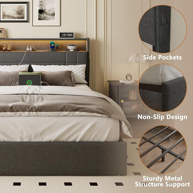 Forestell Queen Bed Frame with 4 Drawers and Storage Headboard, Grey Upholstered Platform Bed Frame Queen Size with Charging Station and LED Lights, Metal Slats Support, No Box Spring Needed