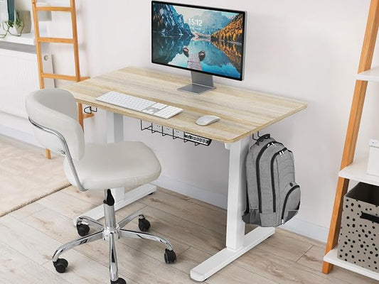 SHW 40 x 22 Inches Electric Height Adjustable Sit to Stand Desk with Hanging Hooks and Cable Management, White Frame and Maple Top