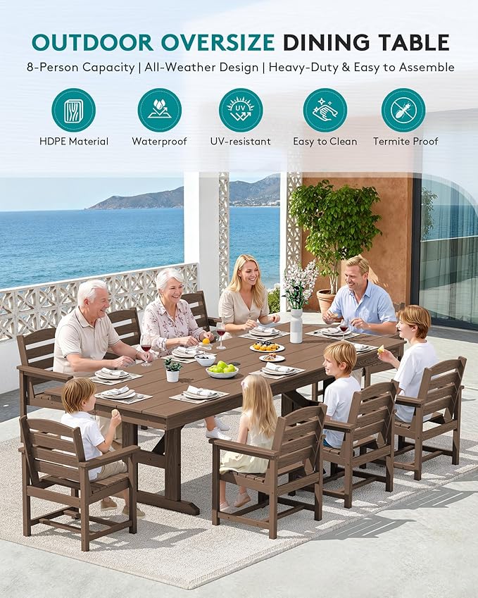 SERWALL 10 Piece 84" HDPE Outdoor Dining Set for 8 with 15ft Double-Sided Umbrella, Brown