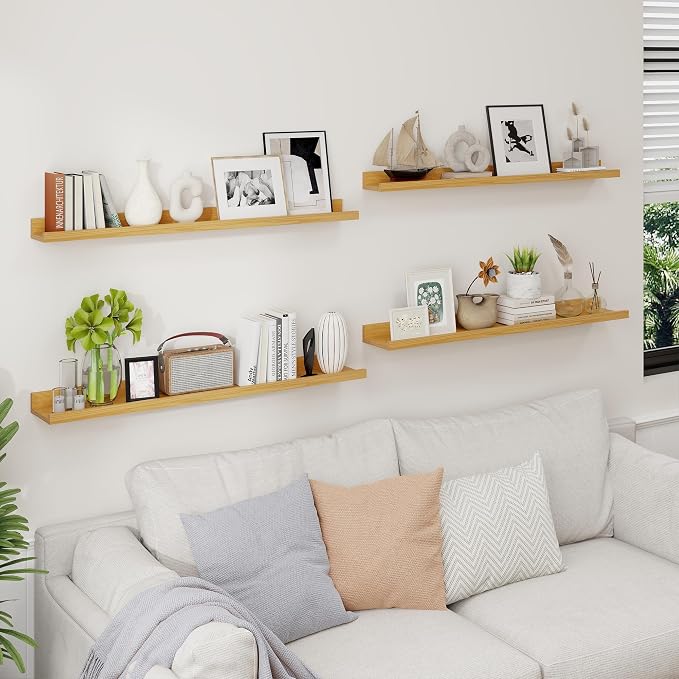 Axeman Picture Ledge Shelf | 36 Inch Oak Floating Shelves Set of 4 | Rustic Wood Wall Shelves with Lip | 36" Oak Picture Shelves for Wall with Ledge | Photo Shelves