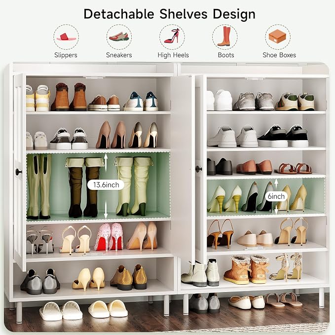 ONBRILL Shoe Storage Cabinet with Cross Molding Doors, 6-Tier Farmhouse Shoe Cabinet with 3 Adjustable Shelves and Metal Legs, 45'' Tall Shoes Rack Organizer Cabinet for Entryway, Front Door, White