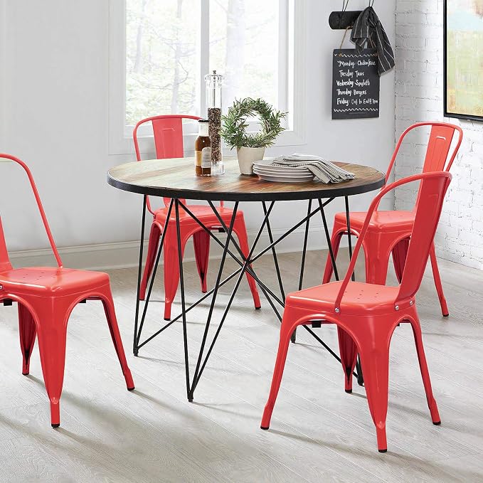 Devoko Metal Indoor-Outdoor Chairs Distressed Style Kitchen Dining Chairs Stackable Side Chair with Back Set of 4 (Red)