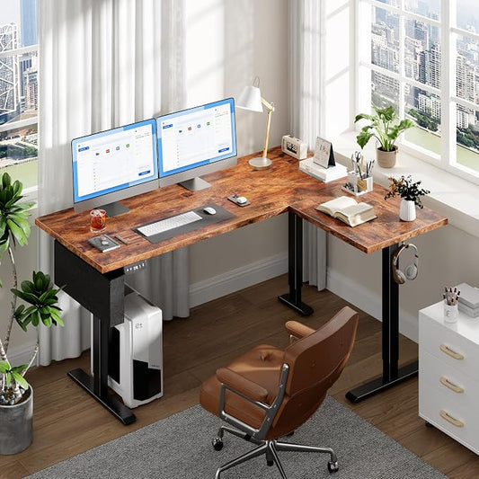 Korfile 63” L Shaped Electric Standing Desk, Height Adjustable Computer Desk with LED Screen & Memory Presets, Ergonomic Sit to Stand Desk with Headphone Hook for Home, Office and Workstation, Brown