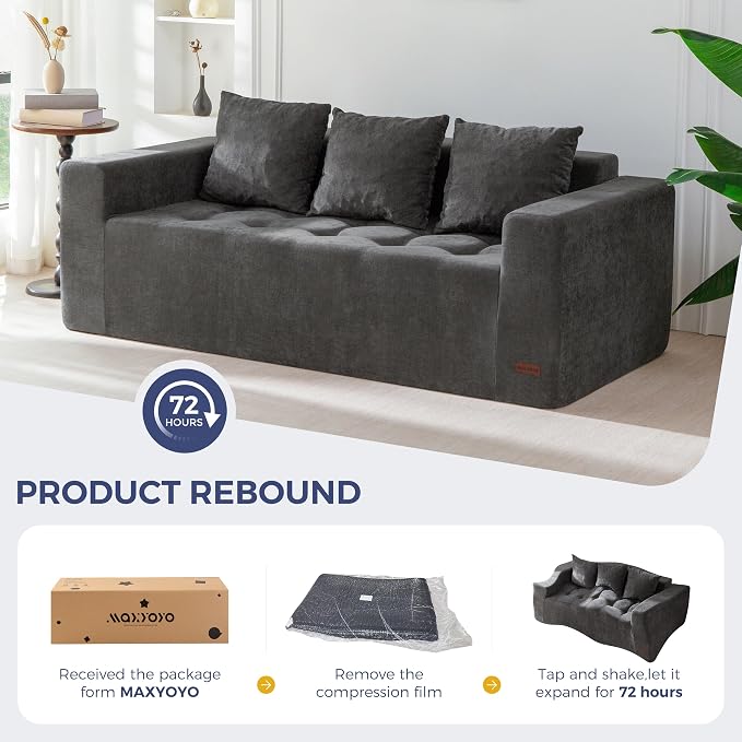 MAXYOYO Modular Sofa Couch, 75" Oversized Loveseat Boneless Cloud Couch with Deep Seat, Chenille Upholstered Living Room Comfy Sofa Chair for Living Room, No Assembly Required, Dark Grey