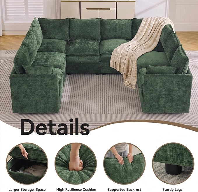 105" Green Oversized Modular Storage Sofa, U Shaped Chenille Cloud Couch | Oversized Convertible Sectional Sofa, 8-Seat Sectional Couch With Armrests, Large Cloud Couch For Living Room, Apartment.