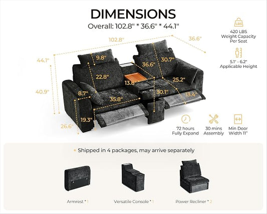 102.8'' Loveseat Power Recliner Sofa with Headrest, Oversized Cloud Modular Sectional Reclining Couch with Table, Storage Drawer, Charging, 2-Seater for RV Home Theater, Chenille, Black