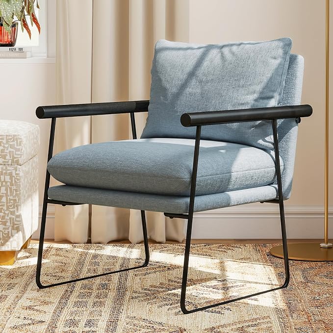 Furnilivng Large Sling Accent Chair, Comfortable Boucle Fabric Arm Chair, Upholstered Cozy Reading Chair for Living Room, Bedroom, Dressing Room, Home Office (Blue, Set of 2)