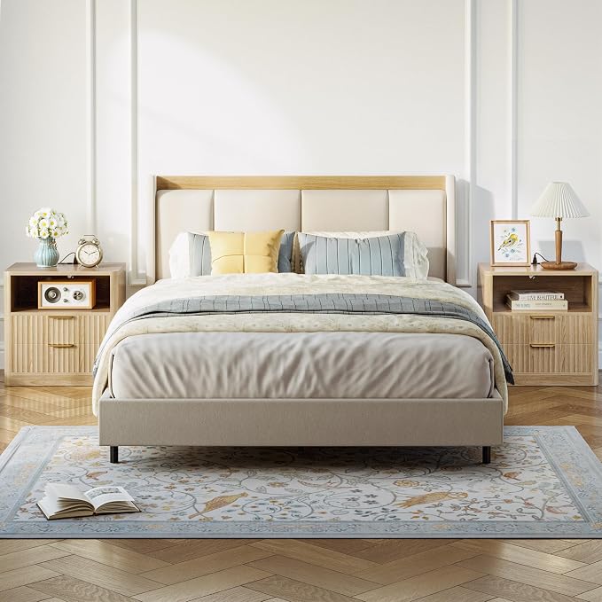 IRONCK Fluted Night Stand Set of 2, Modern Nightstand with Charging Station, Drawers and Open Shelves - Bedside Table Wood Side Table Set for Bedroom, Oak