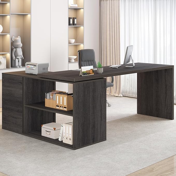 HSH L Shaped Computer Desk with Drawers, L Shaped Desk with Storage Cabinet Shelves, Large Reversible Corner Executive Home Office Desk, Industrial Wood Work Writing Study Table Workstation,Gray 60 In