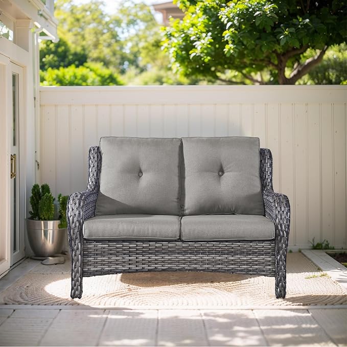 Outdoor Loveseat Sofa-2 Seater Rattan Wicker Patio Couch High Back Patio Sofa for Porch Deck Backyard-Greywicker/Grey