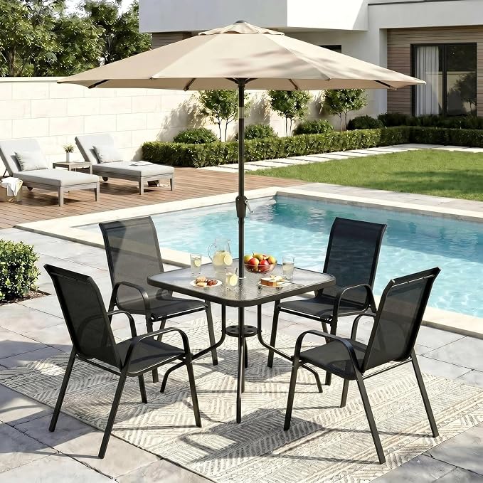 Arlopu 5 Piece Outdoor Patio Dining Set (Umbrella not Included), Porch Furniture with 4 Textline Chairs, 1 Square Glass Table for Garden, Backyard and Poolside, Lawn (Black)