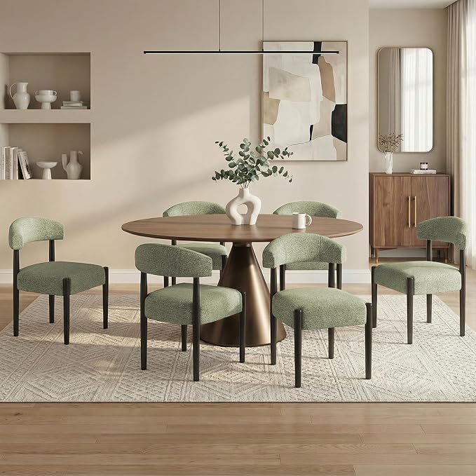 VKNOW Wooden Dining Chairs Set of 2 with Black Rubberwood Legs, Green | Soft Chenille Fabric, Curved Open Back, Thickened Cushion, For Adults and Family, Dining Room, Kitchen, No Wobble