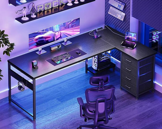 AODK L Shaped Gaming Desk with 4 Drawers, 67" Reversible Home Office Desks with Power Outlets, L Shaped Computer Desk with USB Charging Port and Host Stand, Corner Desk, Easy to Assemble, Black