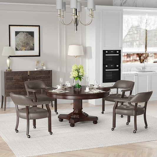 LEEMTORIG Set of 4 Dining Chairs with Casters and Arms, Rolling Dining Chairs with Wheels for Elderly, Ergonomic Wide Seat Wooden Office Chairs, 26"Dx25.2"W, Espresso Legs&Dark Brown Fabric SY-318-DK