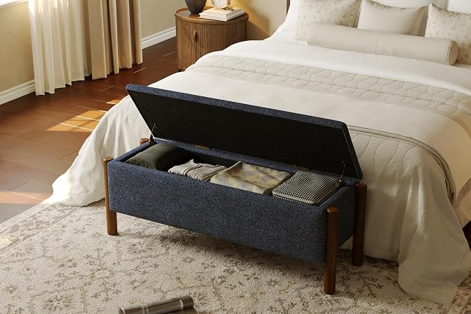 Modern Storage Benches with Walnut Wood Legs, 47'' Ottoman Bench with 20 Gallons Storage Space for Bedroom End of Bed, Fabric Upholstered Entryway Bench with Seating for Livingroom, Blue
