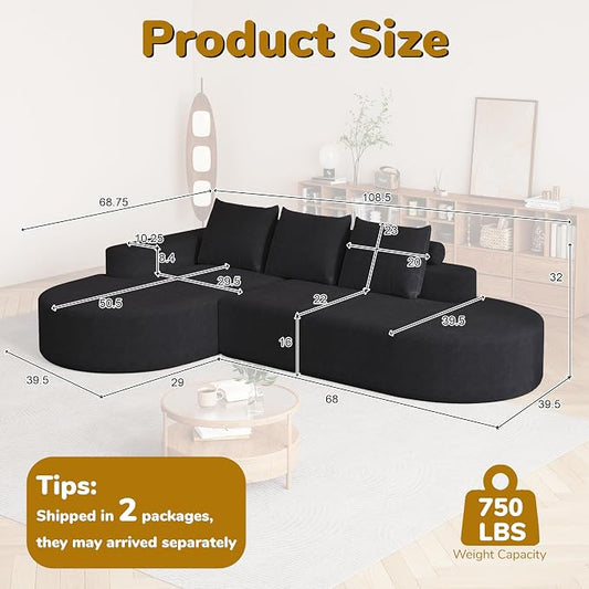 109" Modern Modular Curved L-Shaped Sofa, Chenille Upholstered Sectional Boneless Couch Set with 3 Pillows,Free Combination Sofa for Living Room (Black, 108.5" Right Lounge)