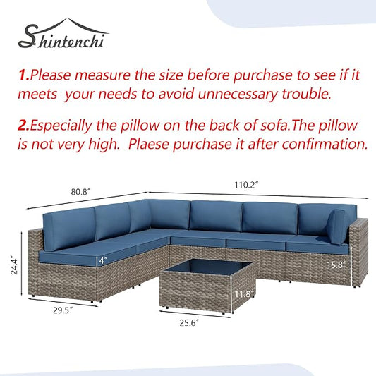 7 Piece Outdoor Patio Furniture Set,Natural PE Rattan Wicker Sectional Sofa, All Weather Conversation Set with Washable Cushions & Glass Coffee Table for Backyard Poolside Garden Porch,Navy Blue