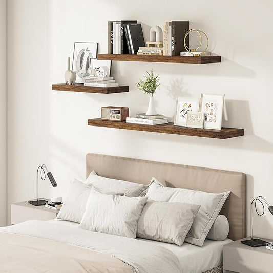 Vivelove 12" Deep Floating Shelves Over Toilet, 24" Wall Shelves for Bathroom Bedroom Kitchen Living Room Laundry Room, Farmhouse Rustic Shelves for Home Decor, 24" X 12" X 2" Set of 2, Rustic Brown