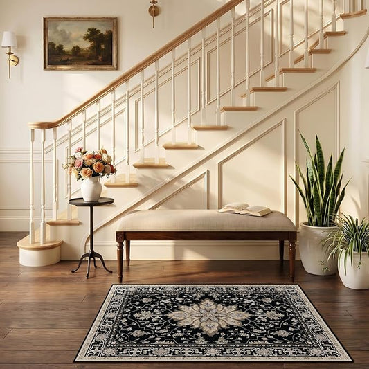 RELEANY Area Rugs Small 2'6"x4' Washable Non-Slip, Floral Vintage Distress Medallion Carpet for Kitchen Entryway Bathroom, Black Brown Neutral Dark Tan