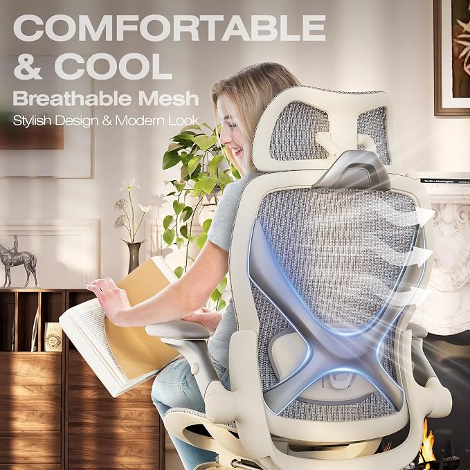 ELABEST X100 Ergonomic Mesh Office Chair with Footrest, Big and Tall Home Desk Chair with 5D Flip-Up Arms, Adjustable 3D Lumbar Support, Gaming & Executive Computer Chair, First Light