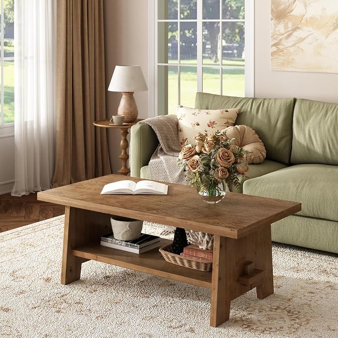 Farmhouse Wood Coffee Table - 43.4" Rectangle Coffee Table Solid Wood Tabletop, Center Tables with Storage Shelf for Living Room, Natural