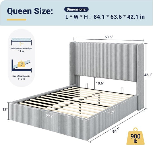 Allewie Queen Size Lift-Up Storage Bed Frame with Modern Wingback Headboard, Corduroy Upholstered Platform Bed, Hydraulic Gas Lift Support, Underbed Storage, Wooden Slats, No Box Spring Needed, Grey