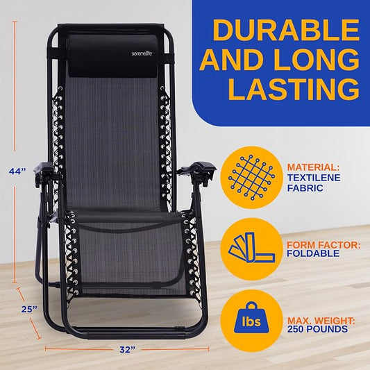SereneLife Outdoor Zero Gravity Lounge Chair Set with Table – 2 Adjustable Recliners with Cup Holders, Headrest, Steel Frame & Foldable Design for Patio, Pool, Garden, or Camping