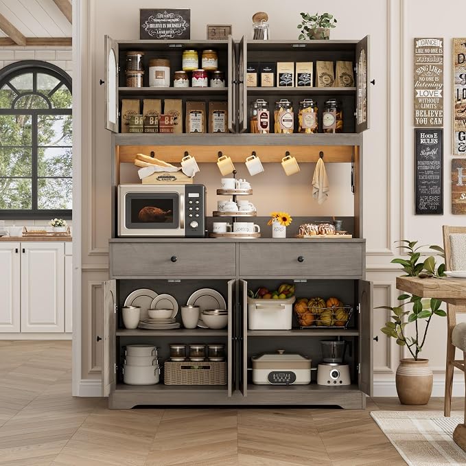 HIFIT 71" LED Kitchen Pantry Cabinet with Power Outlet, Large Kitchen Hutch Storage Cabinet with Arched Door, Shelves, 2 Drawer, Tall Farmhouse Coffee Bar w/Hutch for Home Dining Living Room, Ash Grey