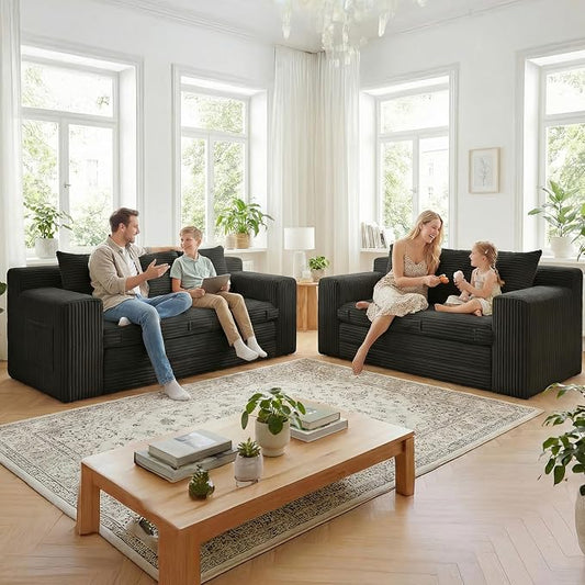 Boneless Couch,3 Seater Boneless Couch Bed – 3-in-1 Convertible Sleeper Sofa with Side Pockets & Handle,Pull Out Corduroy Futon for Small Space,Living Room & Bedroom,3 Pillows Included,No Assembly
