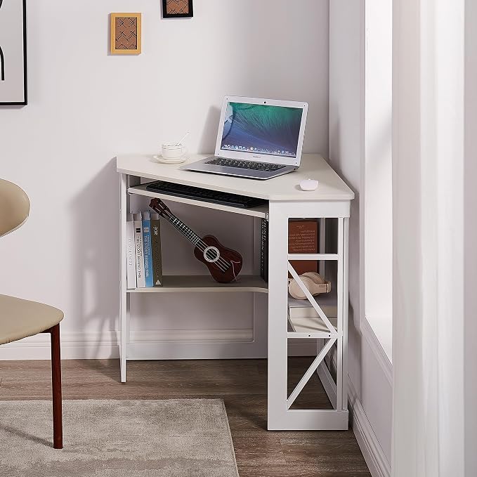VECELO Corner Computer Desk 41 x 30 inches with Smooth Keyboard & Storage Shelves for Home Office Workstation, White